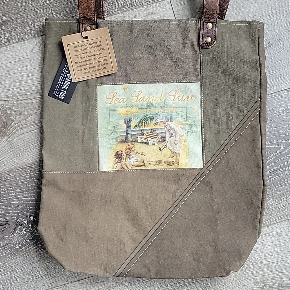 Sea Sand Sun Vintage Like Scene  Recycled Military Canvas Tent Tote